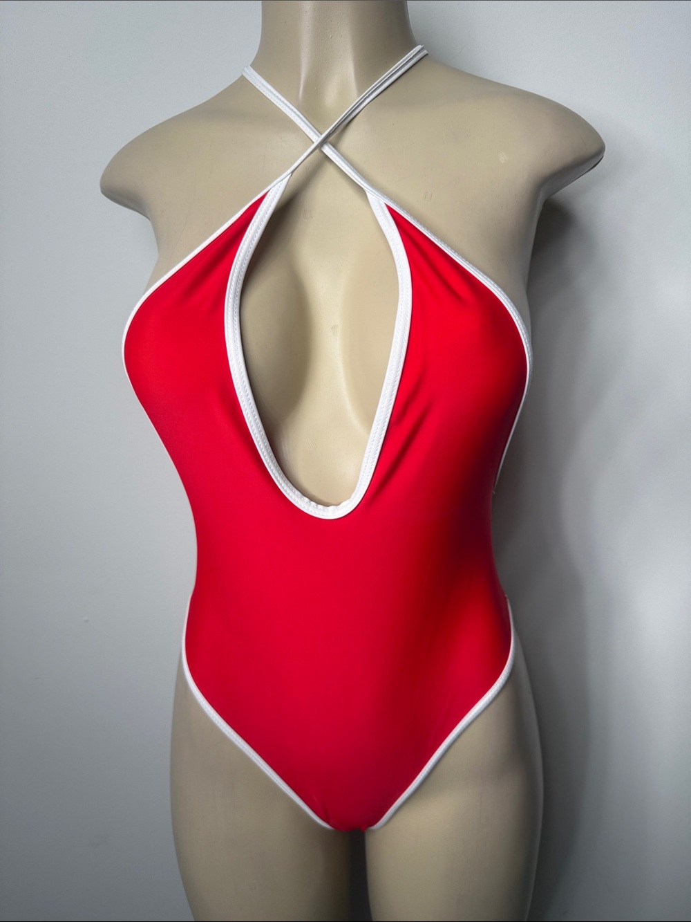 Red Cross-Back One-Piece Swimsuit with White Trim